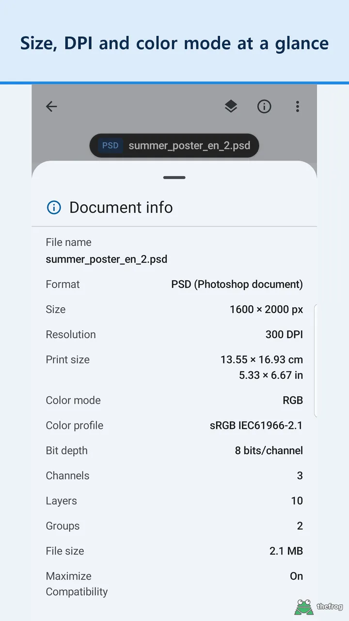 Document info panel showing size, DPI and color mode