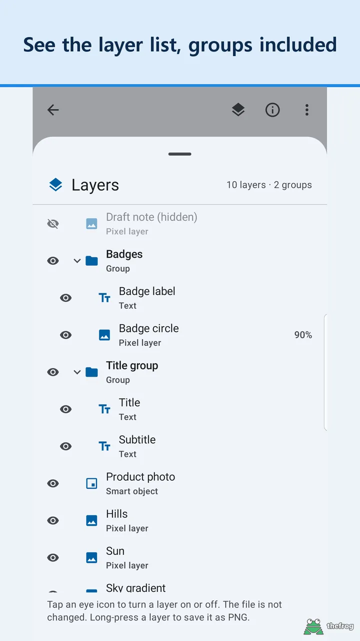 Layer list with groups and layer types in PSD Viewer