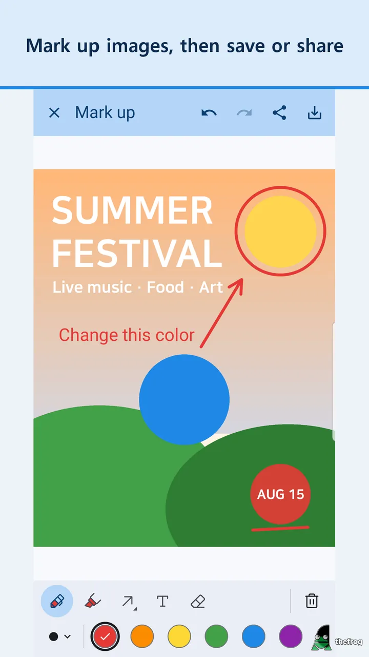 Markup tools drawing an arrow and text on a poster